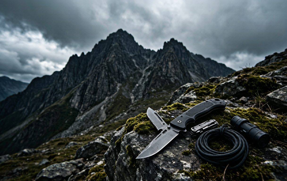 Tactical knife on moss-covered stone in wilderness